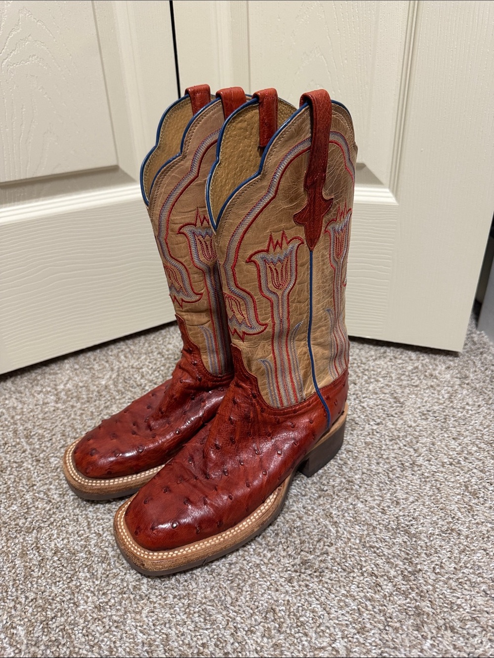 Lucchese Red Ostrich Leather Women’s Western Heeled Boots with Tan Shaft